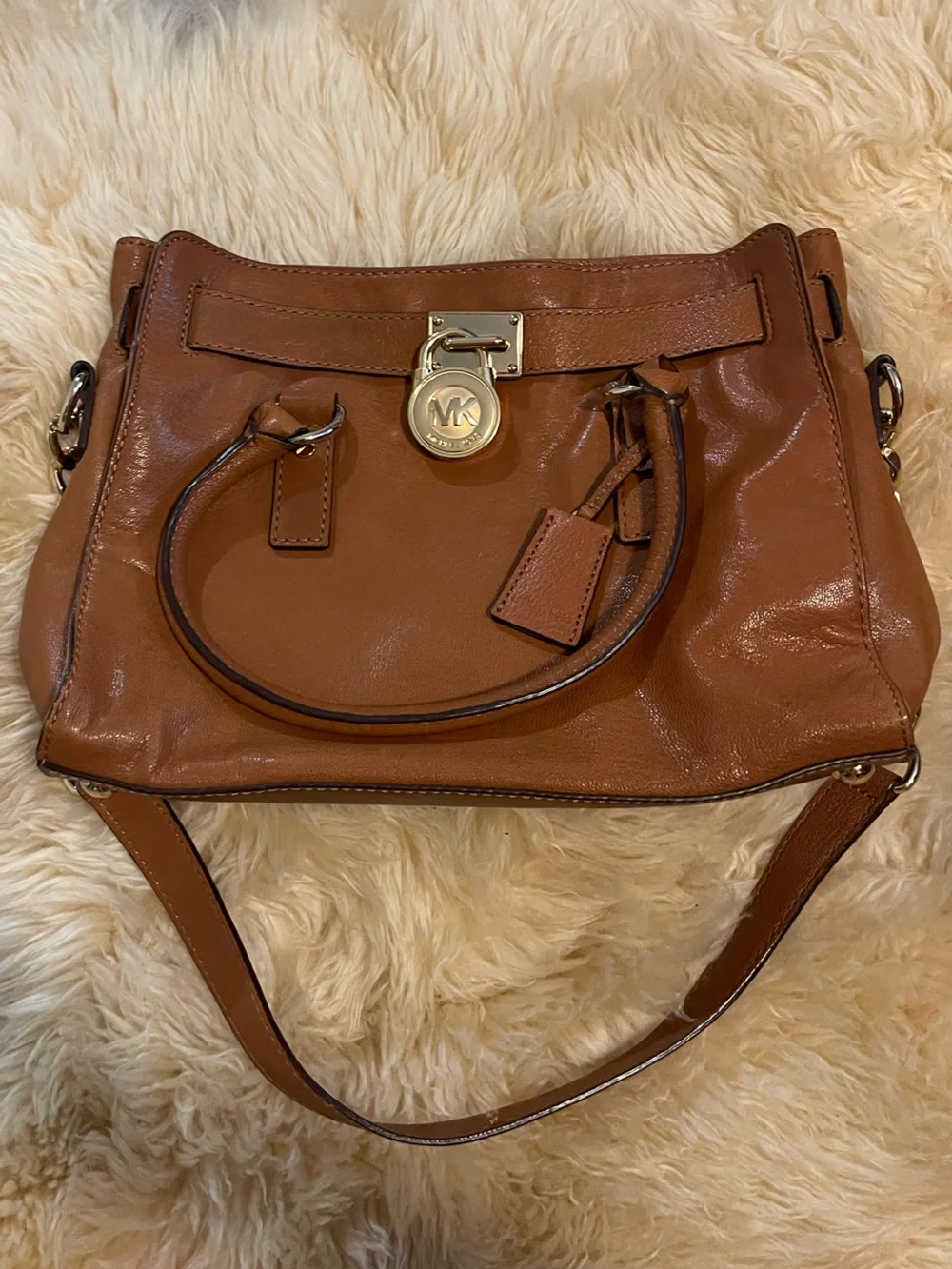 Michael Kors Cognac Leather Satchel with Gold MK Charm